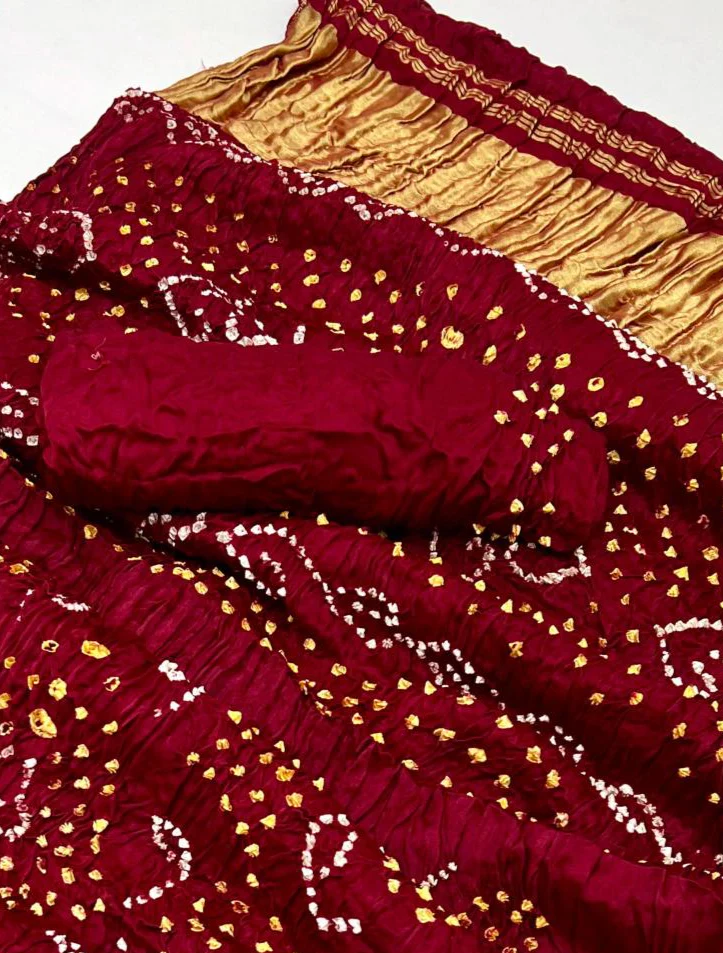 Dark Burgundy Pure Bandhni Zari Pallu Modal Soft Silk Saree - Image 5