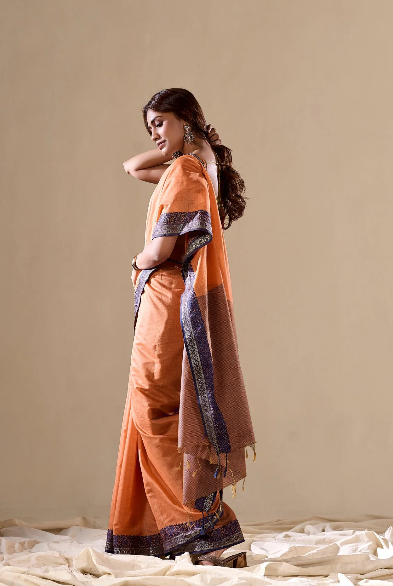 Orange Handloom Linen Cotton Plain Saree RP1￼ - Image 3