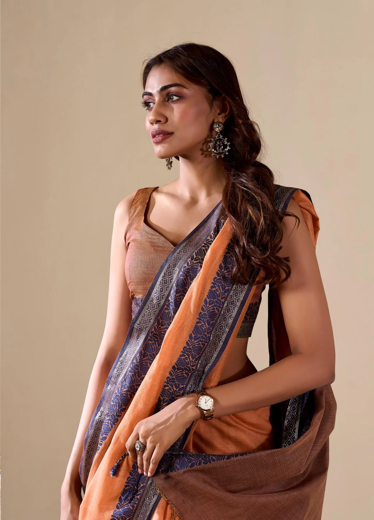 Orange Handloom Linen Cotton Plain Saree RP1￼ - Image 4
