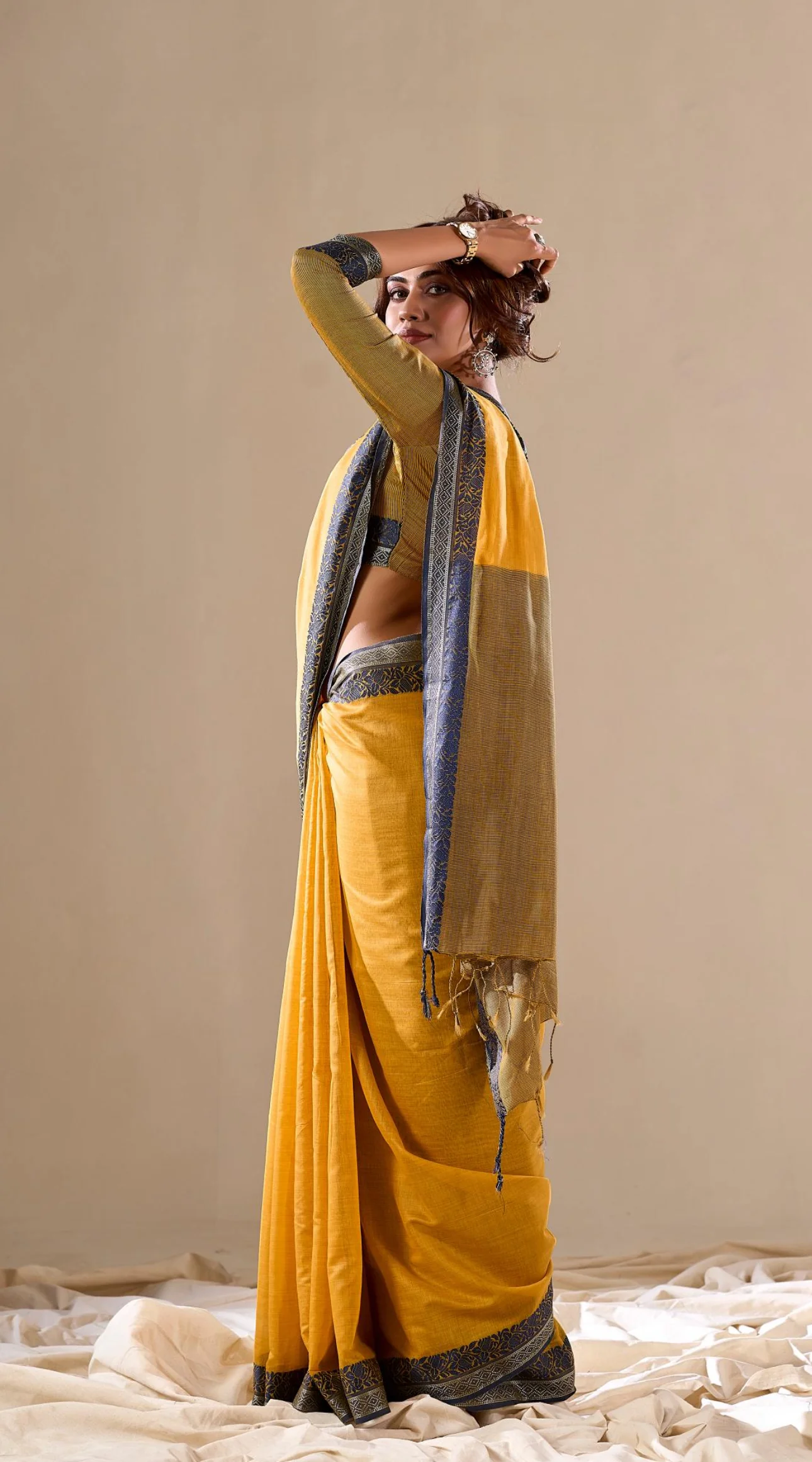 Yellow Handloom Linen Cotton Plain Saree RP1 - Image 3