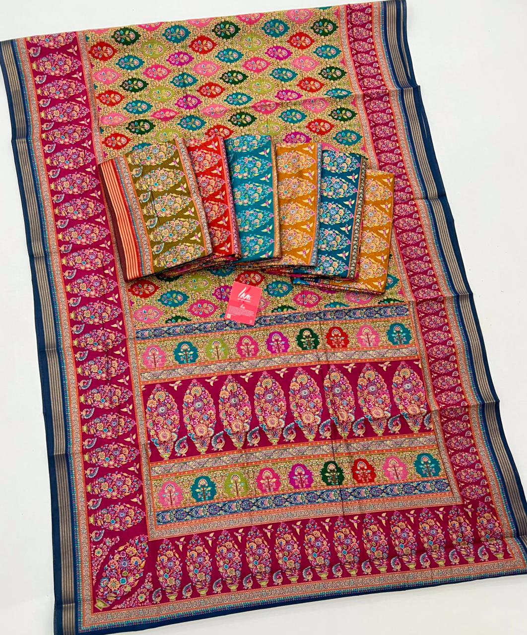 Innovative Pink With Blue Border Muslin Soft Silk Saree With Gorgeous Blouse Piece - Image 4