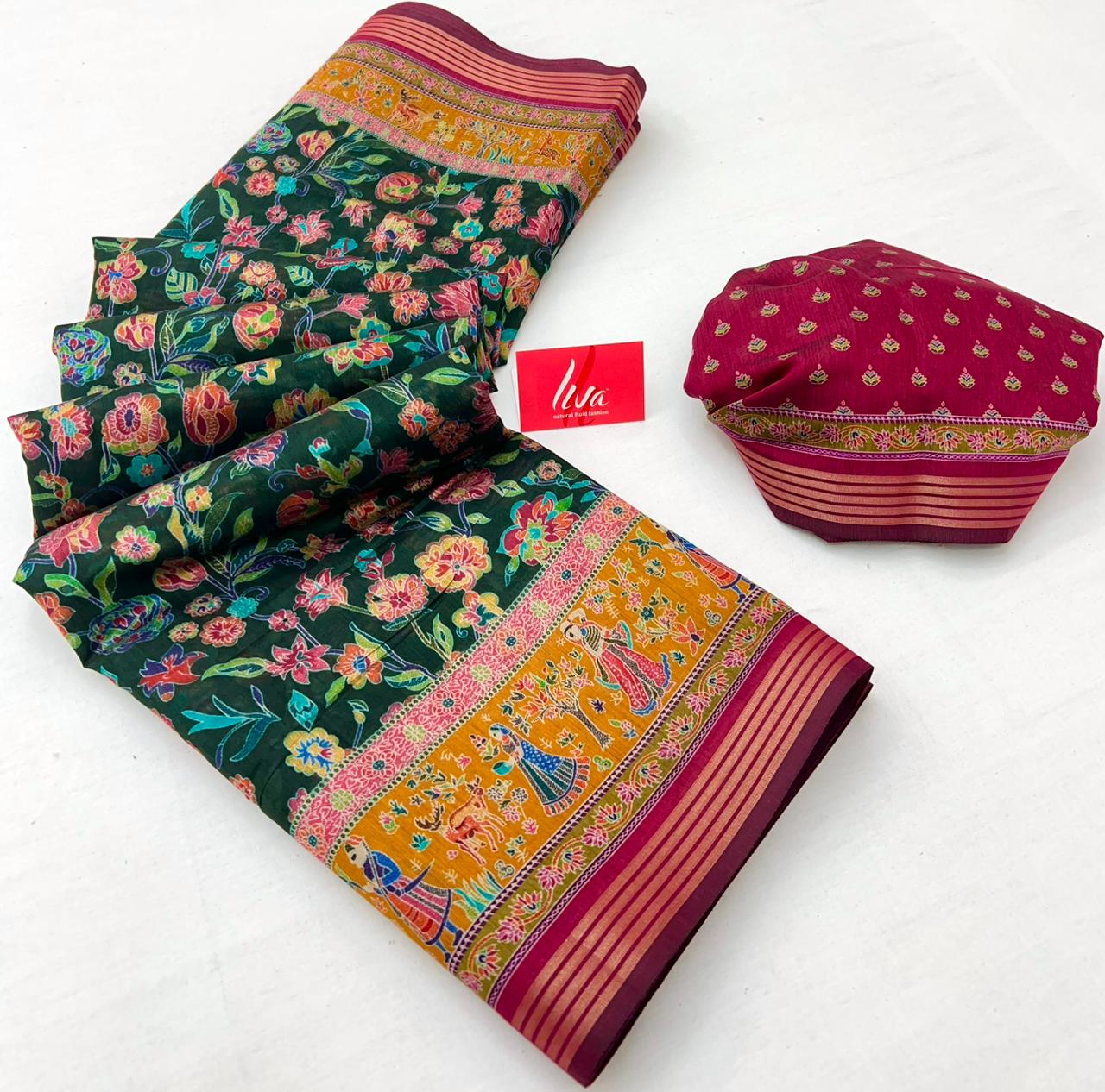 Kelly Green Ajrakh Kalamkari Pure Maslin Silk Saree - Image 3