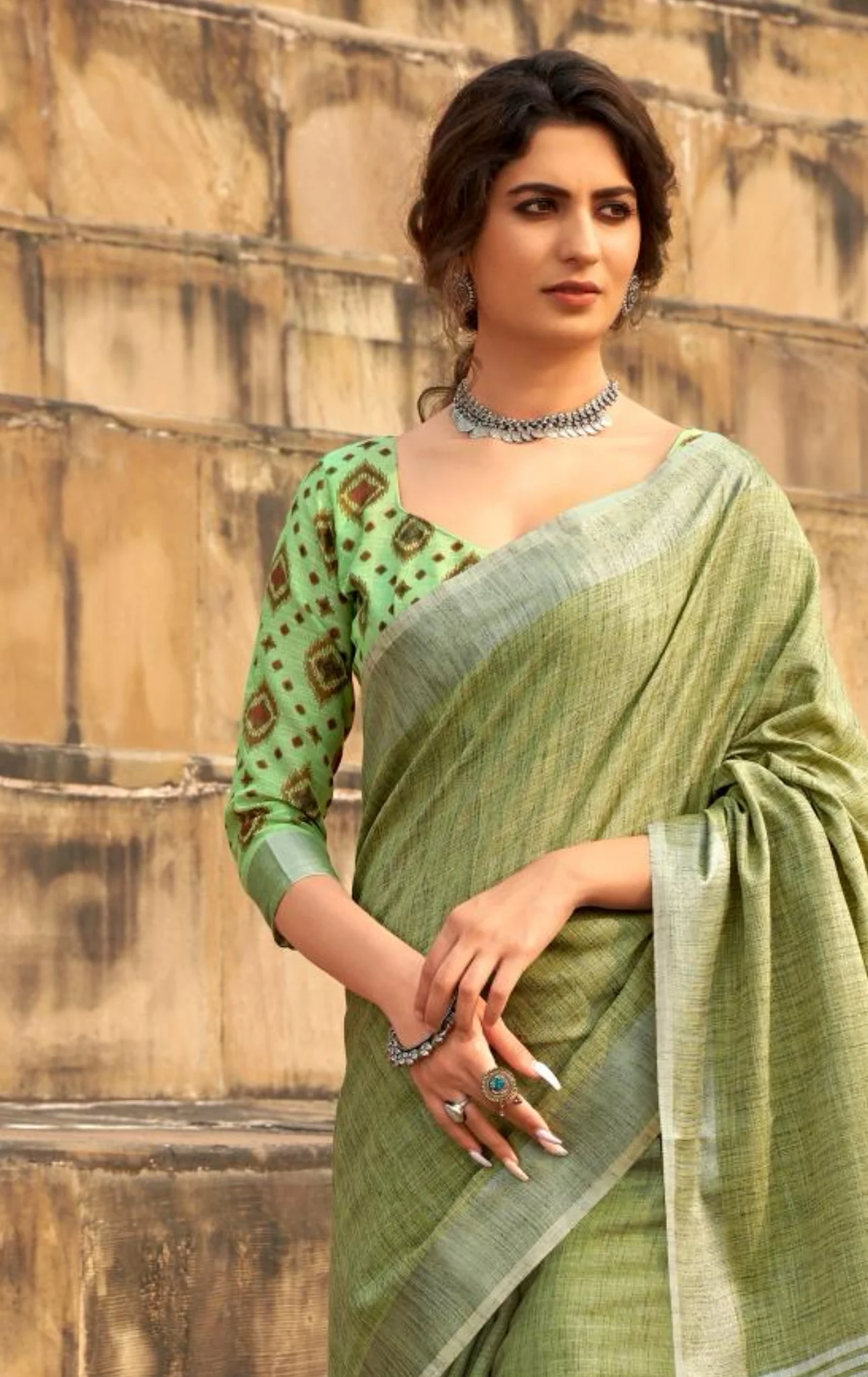Khaki Casual Linen Saree - Image 3