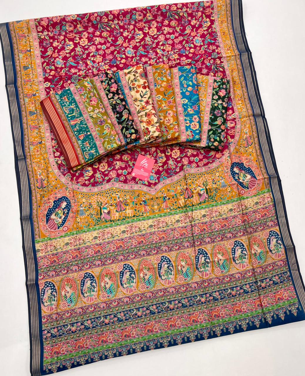 Mikado Yellow Ajrakh Kalamkari Pure Maslin Silk Saree - Image 4
