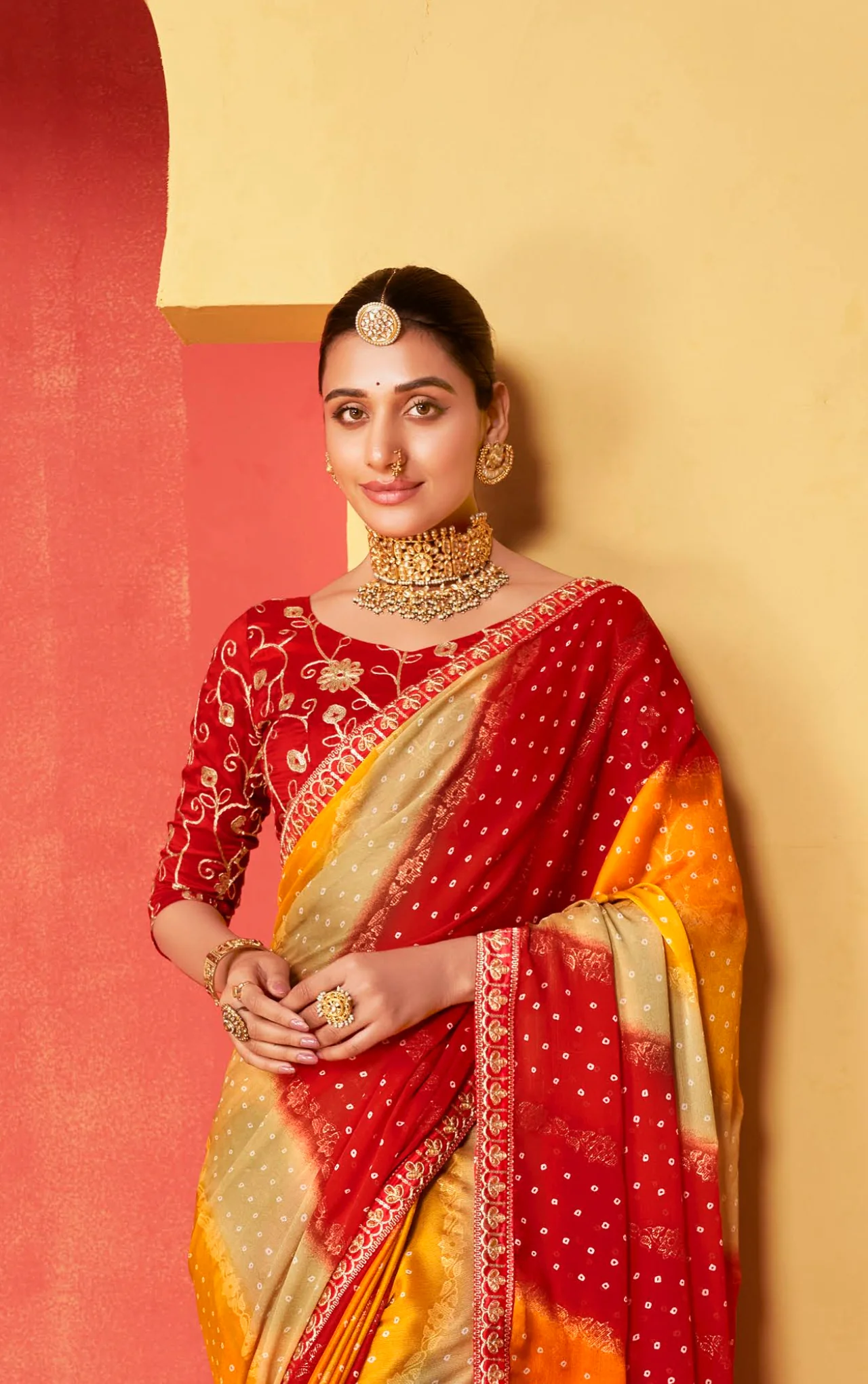 Multi Color Leriya Moss Chiffon Foil Mill Print And Embroidery Work Border Saree With Fancy Work Blouse Sbs4 - Image 6