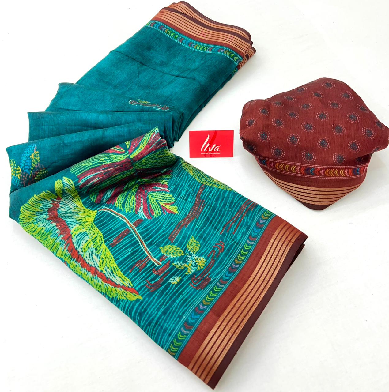 Outstanding Rama Ajrakh Kalamkari Pure Maslin Silk Saree With Pulsating Blouse Piece - Image 3