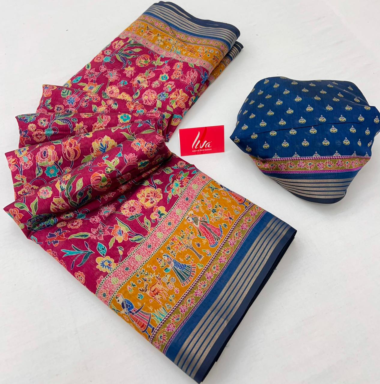 Poppy Pink Ajrakh Kalamkari Pure Maslin Silk Saree - Image 3