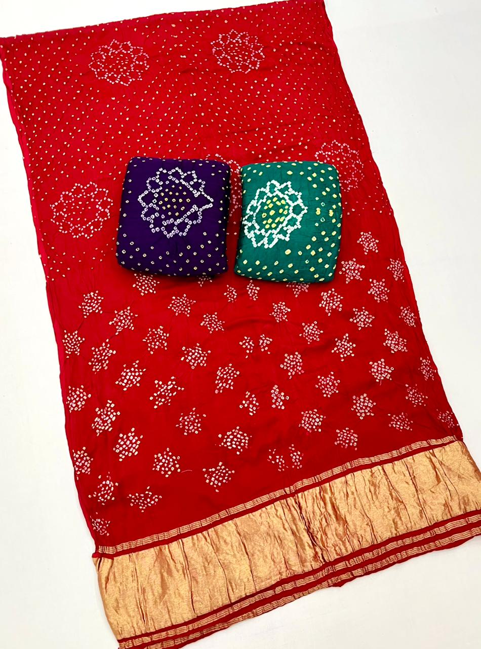 Red Berry Pure Bandhni Zari Pallu Modal Soft Silk Saree - Image 4